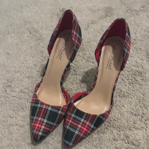Anne Nuchelle Plaid Pointed-Toe D'Orsay Pumps in Red -size 8